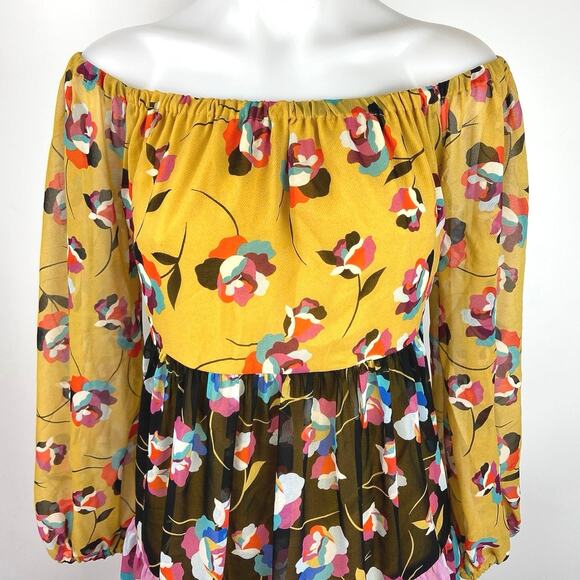 BCBGMAXAZRIA Multicolor Floral Colorblock Off the Shoulder Mini Dress Size M - Picture 4 of 7